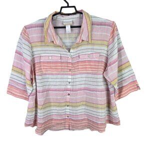 Womens Alfred Dunner Pink White Striped Blouse Button Up 3/4 Sleeve Size 2X